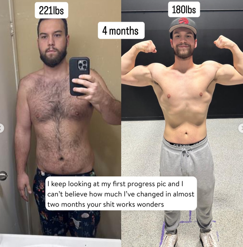 Client transformation from 221 lbs to 180 lbs