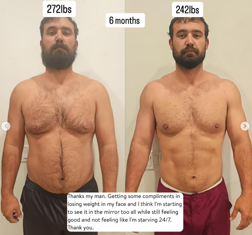 Client transformation from 272 lbs to 242 lbs in 6 months